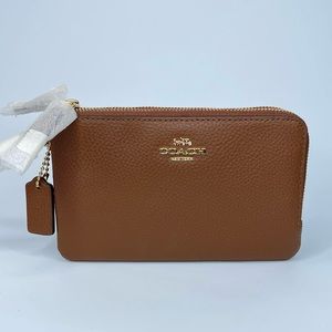 Coach Pebbled Leather Double Corner Zip Wristlet (Saddle) F87590